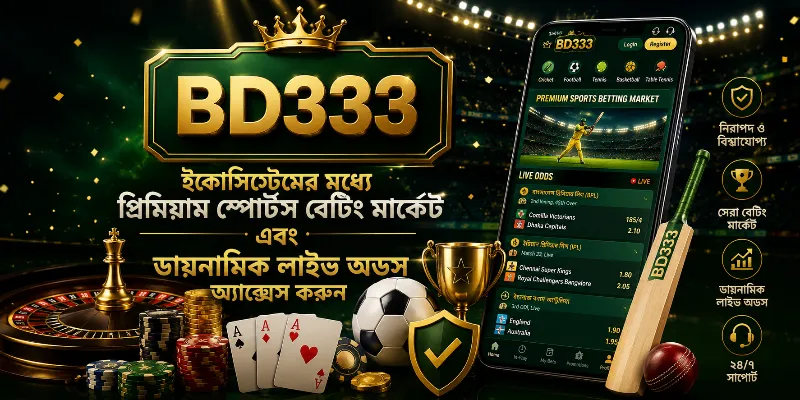 BD333 ইকোসিস্টেমের মধ্যে প্রিমিয়াম স্পোর্টস বেটিং মার্কেট এবং ডায়নামিক লাইভ অডস অ্যাক্সেস করার সুবিধা প্রদর্শনকারী একটি গ্রাফিক